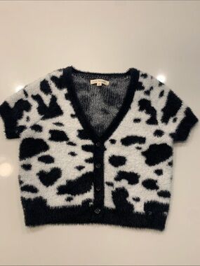 La Hearts Black & White Fuzzy V-Neck Cardigan